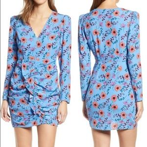 ASTR The Label SZ XS Long Sleeve V-Neck Floral Puff Sleeves Front Ruching Dress